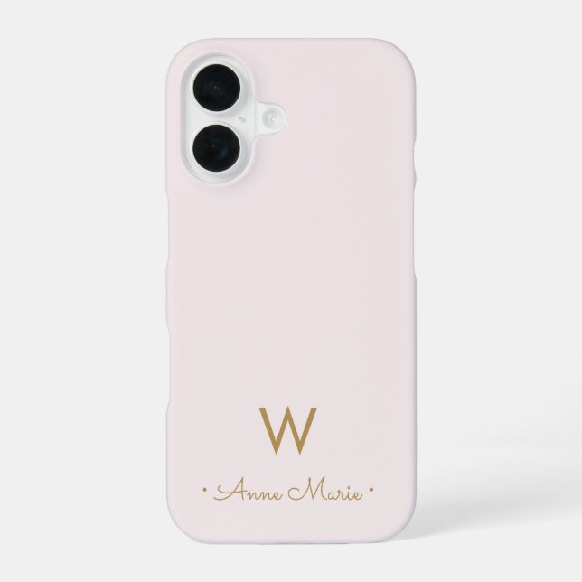 Coque iPhone 16 Monogramme moderne Blush Pink Gold Script (Verso)
