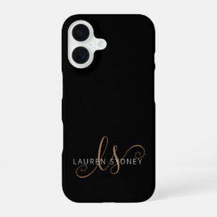 Coque iPhone 16 Monogramme moderne en écriture féminine or noir