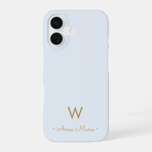 Coque iPhone 16 Monogramme Moderne en Or Bleu Poussiéreux Script (Verso)