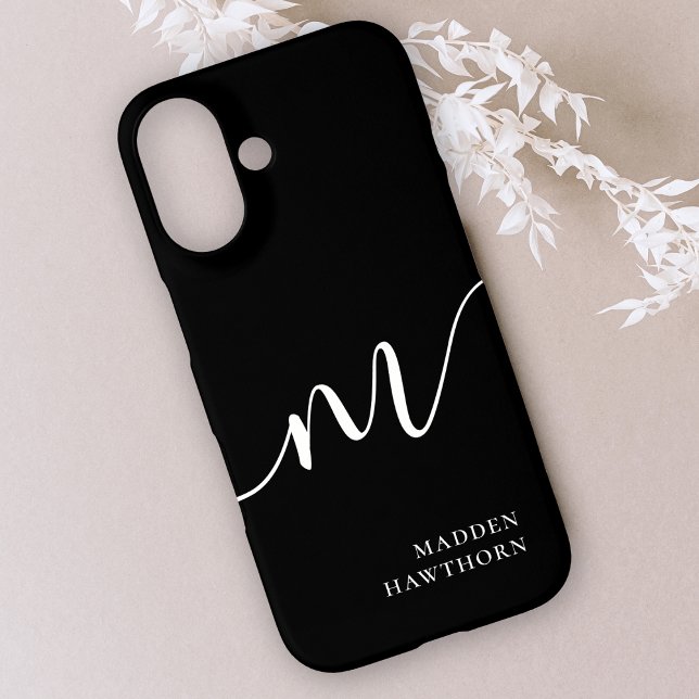 Coque iPhone 16 Monogramme moderne Script Calligraphie noir (Créateur téléchargé)