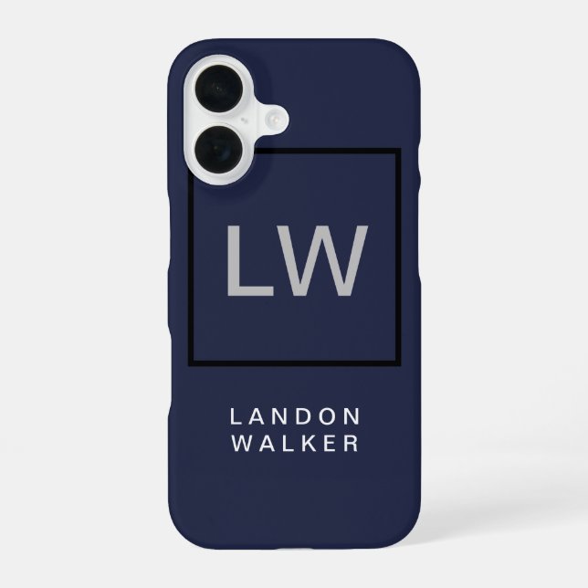 Coque iPhone 16 Monogramme moderne simple professionnel bleu nuit (Verso)