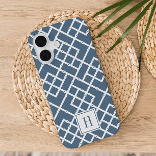 Coque iPhone 16 Monogramme Motif en treillis en bambou bleu foncé