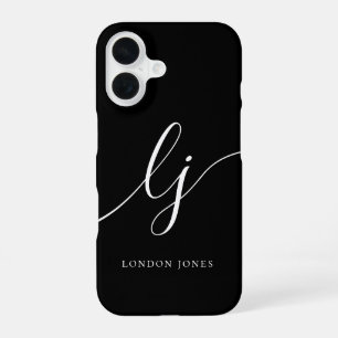 Coque iPhone 16 Monogramme noir et blanc initiales de calligraphie