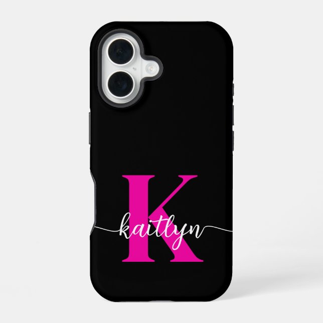 Coque iPhone 16 Monogramme noir rose (Verso)