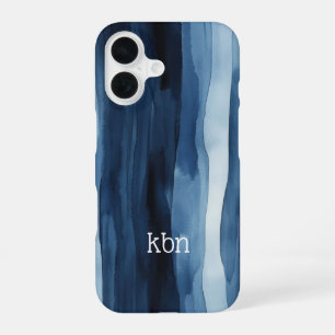 Coque iPhone 16 Monogramme Nom Initial Bleu Blanc Aquarelle Rayure