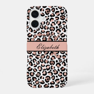 Coque iPhone 16 Monogramme Nom Rose Gold Imprimé Léopard Noir
