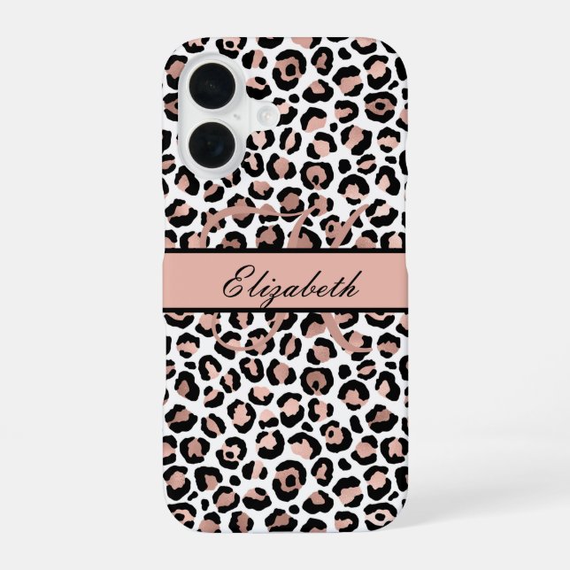 Coque iPhone 16 Monogramme Nom Rose Gold Imprimé Léopard Noir (Verso)