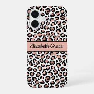 Coque iPhone 16 Monogramme Nom Rose Gold Imprimé Léopard Noir