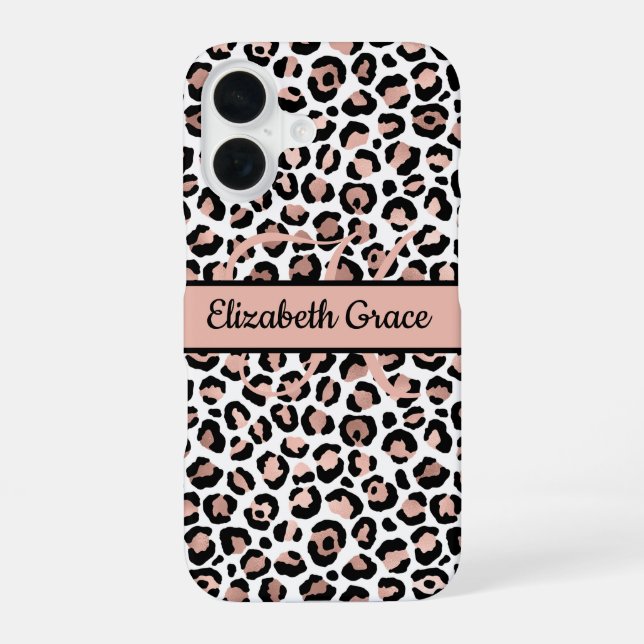 Coque iPhone 16 Monogramme Nom Rose Gold Imprimé Léopard Noir (Verso)