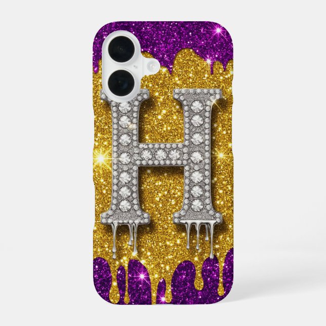Coque iPhone 16 Monogramme Pailleté Diamant H ✨ Or Gouttes Violet (Verso)