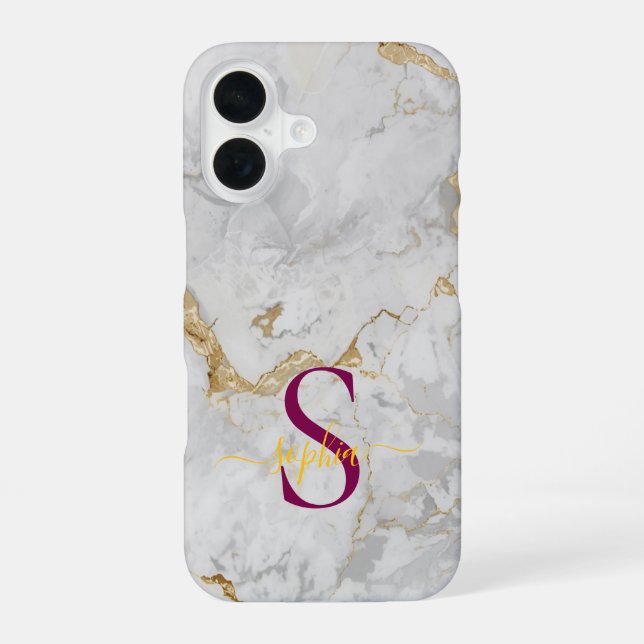 Coque iPhone 16 monogramme pailleté or sur marbre blanc (Verso)