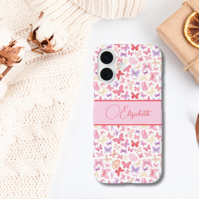 Coque iPhone 16 Monogramme Papillon Rose Violet Jaune Script  (Pink purple butterflies Monogrammed Script Name, iPhone case. Available in all current iPhone models)