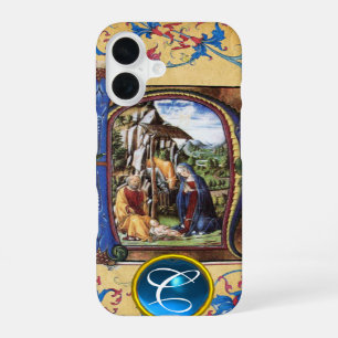 COQUE iPhone 16 MONOGRAMME PARCHEMIN DE NOËL BLEU GEMME NATIVITÉ