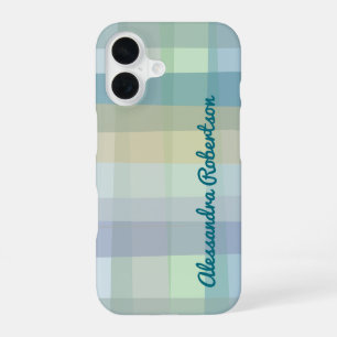Coque iPhone 16 Monogramme Pastel Plaid Bleu Turquoise Vert Jaune