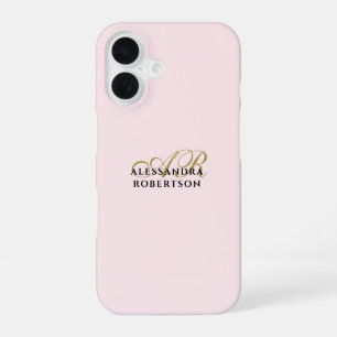 Coque iPhone 16 Monogramme Pastel Rose Or Noir élégant minimaliste