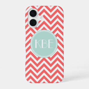 Coque iPhone 16 Monogramme personnalisé Coral et Mint Chevron
