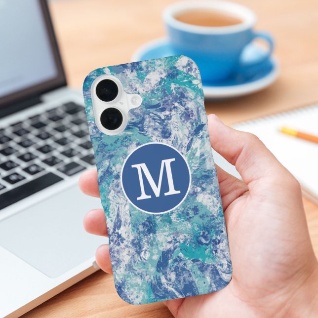Coque iPhone 16 Monogramme personnalisé éclaboussure bleue  (Créateur téléchargé)