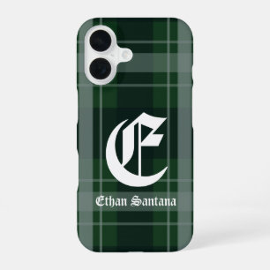 Coque iPhone 16 Monogramme personnalisé vert foncé Plaid