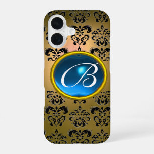 COQUE iPhone 16 MONOGRAMME PIERRE PRÉCIEUSE BLEUE DAMAS JAUNE NOIR