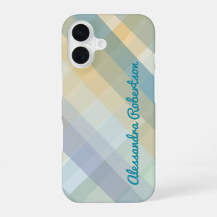 Coque iPhone 16 Monogramme Plaid Pastel Bleu Turquoise Jaune Vert