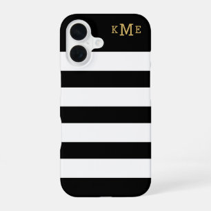 Coque iPhone 16 Monogramme rayé noir et blanc Classique
