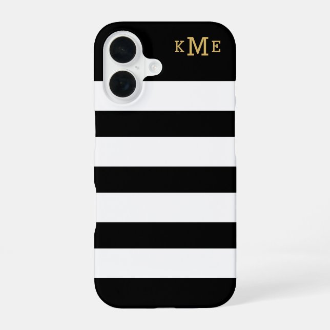 Coque iPhone 16 Monogramme rayé noir et blanc Classique (Verso)