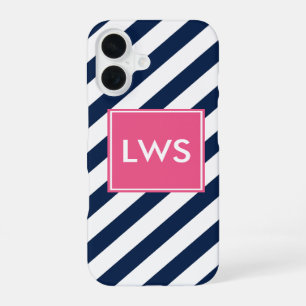 Coque iPhone 16 Monogramme rayures diagonales rose bleu