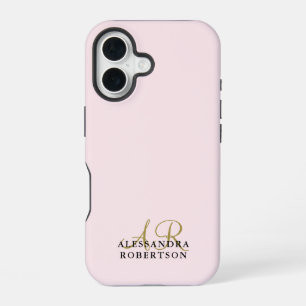 Coque iPhone 16 Monogramme Rose Pastel Minimaliste Or Noir Élégant