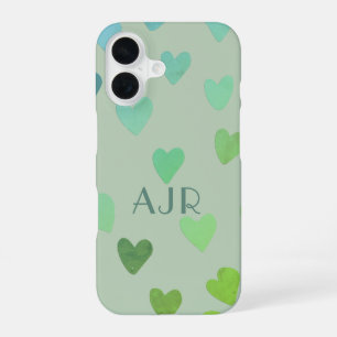 Coque iPhone 16 Monogramme sauge menthe verte coeur rétro motif