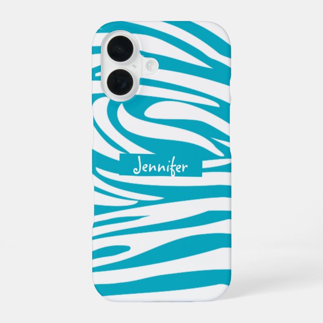 Coque iPhone 16 Monogramme Turquoise rayé Zèbre motif tendance (Verso)