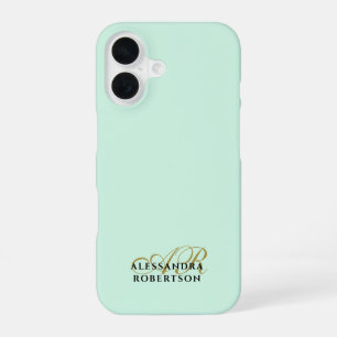 Coque iPhone 16 Monogramme vert pastel Or Noir Minimaliste Simple