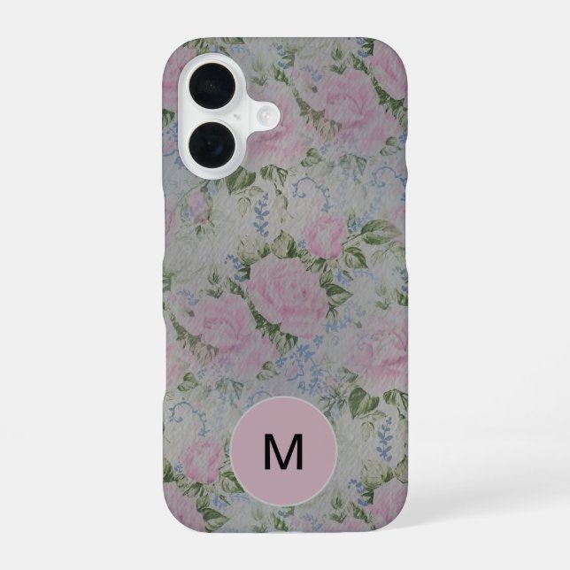Coque iPhone 16 Monogramme Vintage Fleurs Roses Roses (Verso)