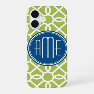 Coque iPhone 16 Monogrammes à motif géométrique bleu et vert citro