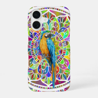 Coque iPhone 16 Mosaïque Tropicale – Mandala d'Ara Bleu et Or
