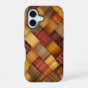 COQUE iPhone 16 MOTIF À CARREAUX BRUN ORANGE JAUNE D'AUTOMNE