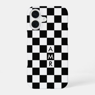 Coque iPhone 16 Motif à carreaux noir et blanc avec monogramme