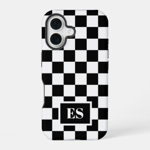 Coque iPhone 16 Motif à carreaux noir et blanc avec monogramme