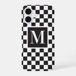 Coque iPhone 16 Motif à carreaux noir et blanc Monogramme