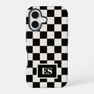 Coque iPhone 16 Motif à carreaux noir et crème avec monogramme
