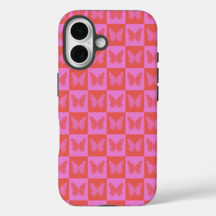 Coque iPhone 16 Motif à carreaux papillon en rose et rouge