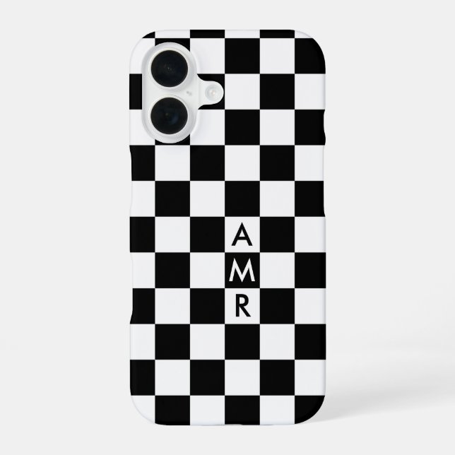 Coque iPhone 16 Motif À damiers noir blanc avec Monogramme (Verso)