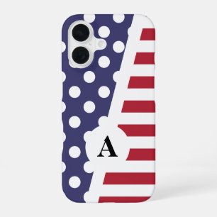 Coque iPhone 16 Motif à pois et à rayures rouge blanc et bleu