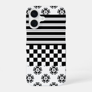Coque iPhone 16 Motif à rayures et fleurs bohème noir et blanc