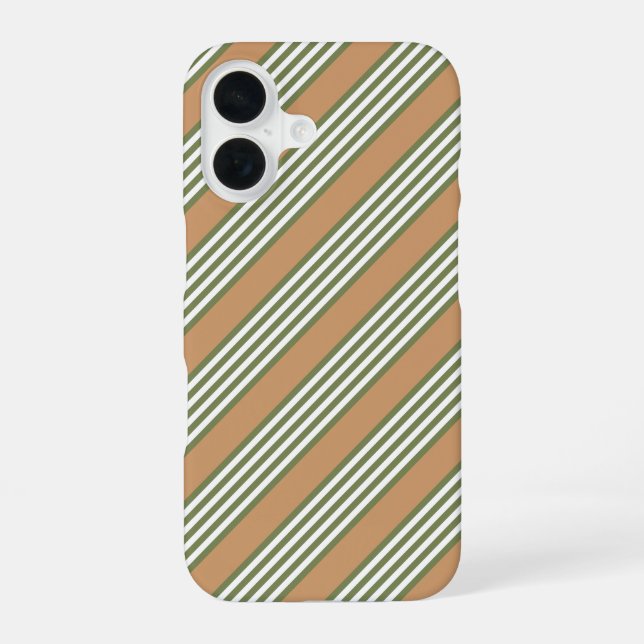 Coque iPhone 16 Motif à rayures vert olive et blanc avec beige (Verso)
