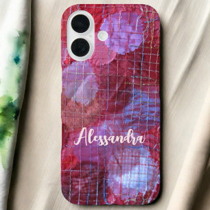 Coque iPhone 16 Motif abstrait rose rouge violet monogramme