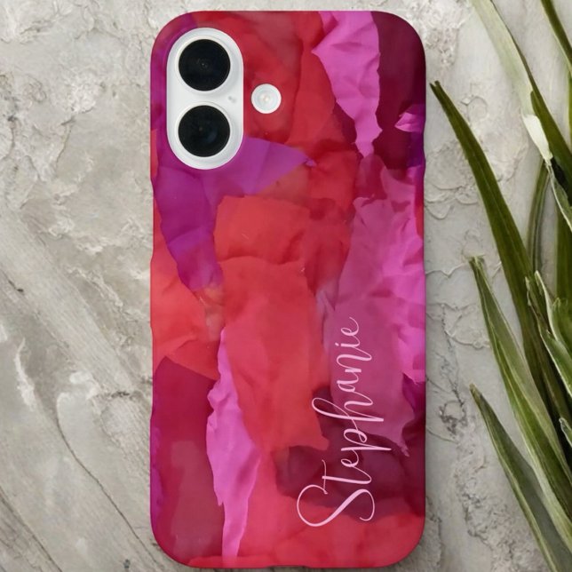 Coque iPhone 16 Motif abstrait rouge rose monogramme nom simple (Créateur téléchargé)