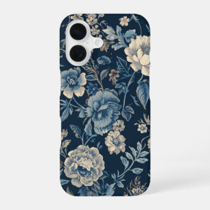 Coque iPhone 16 Motif botanique floral vintage bleu marine