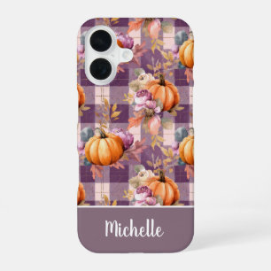 Coque iPhone 16 Motif carreau de citrouille et fleurs personnalisé