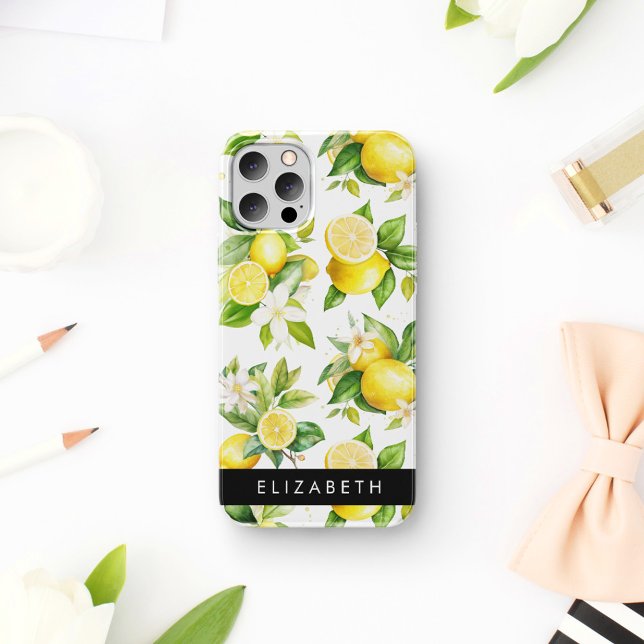Coque iPhone 16 Motif citron, Fleurs de citron, Feuilles, Votre No (Créateur téléchargé)