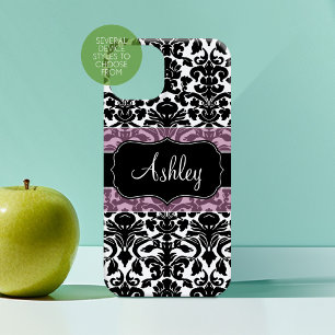 Coque iPhone 16 Motif Damas noir blanc avec nom de script rose